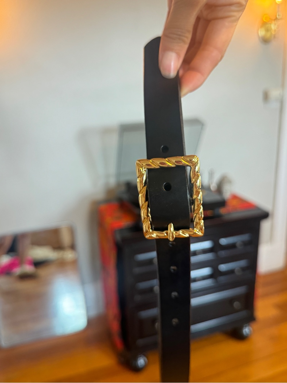 J.Crew Size Xs Black Leather Belt with Gold Rope-Frame Buckle